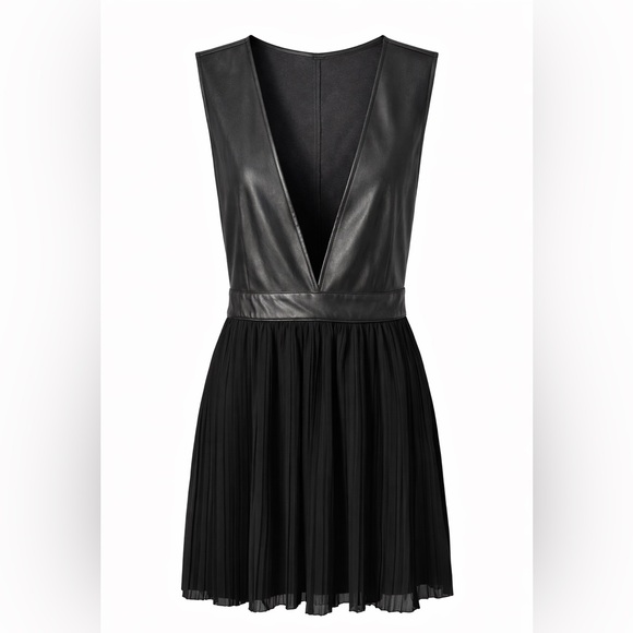 Zoravicky Collection Black Faux Leather Pleated V-Neck Mini Dress Size S | LBD - Picture 3 of 6